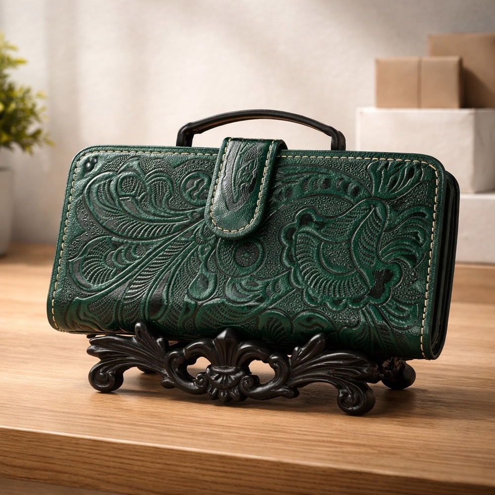 New Hand-tooled genuine Leather Wallet Floral Green made USA western